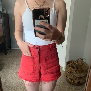 Red denim cut off, high waisted shorts